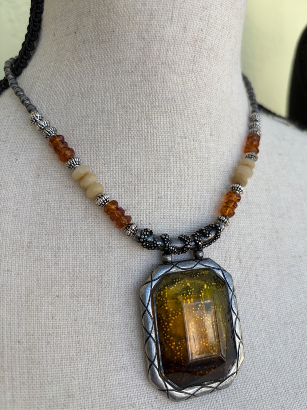 Chico's Amber and Silver-Tone Glass Pendant Necklace NWT